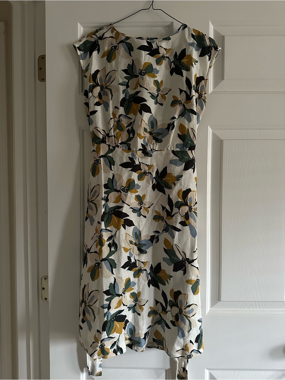 Ann Taylor Cream Floral Midi Dress with Green, Mustard and Blue Accents